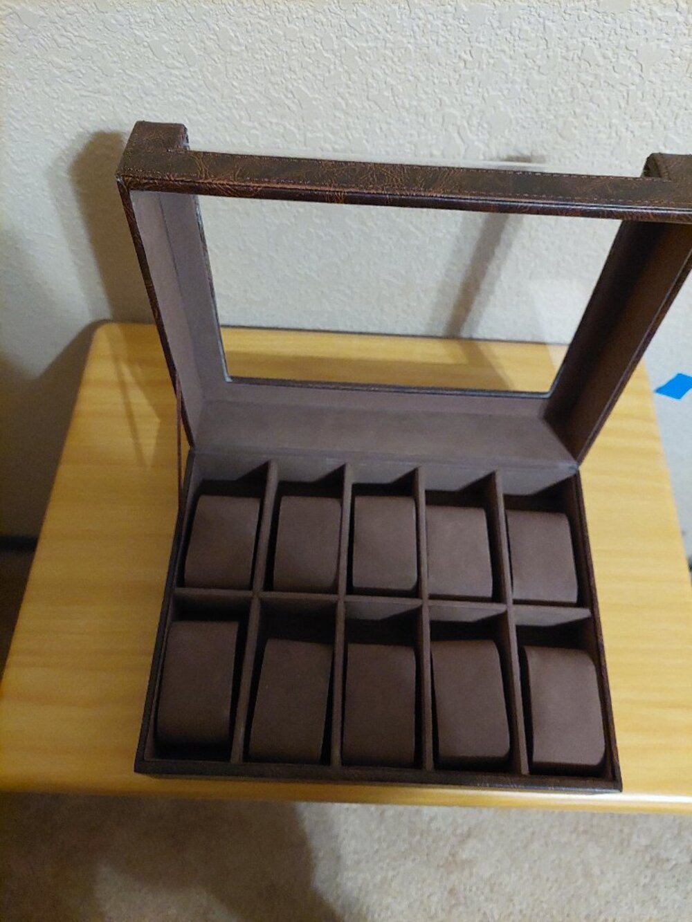 brown faux-leather watch box